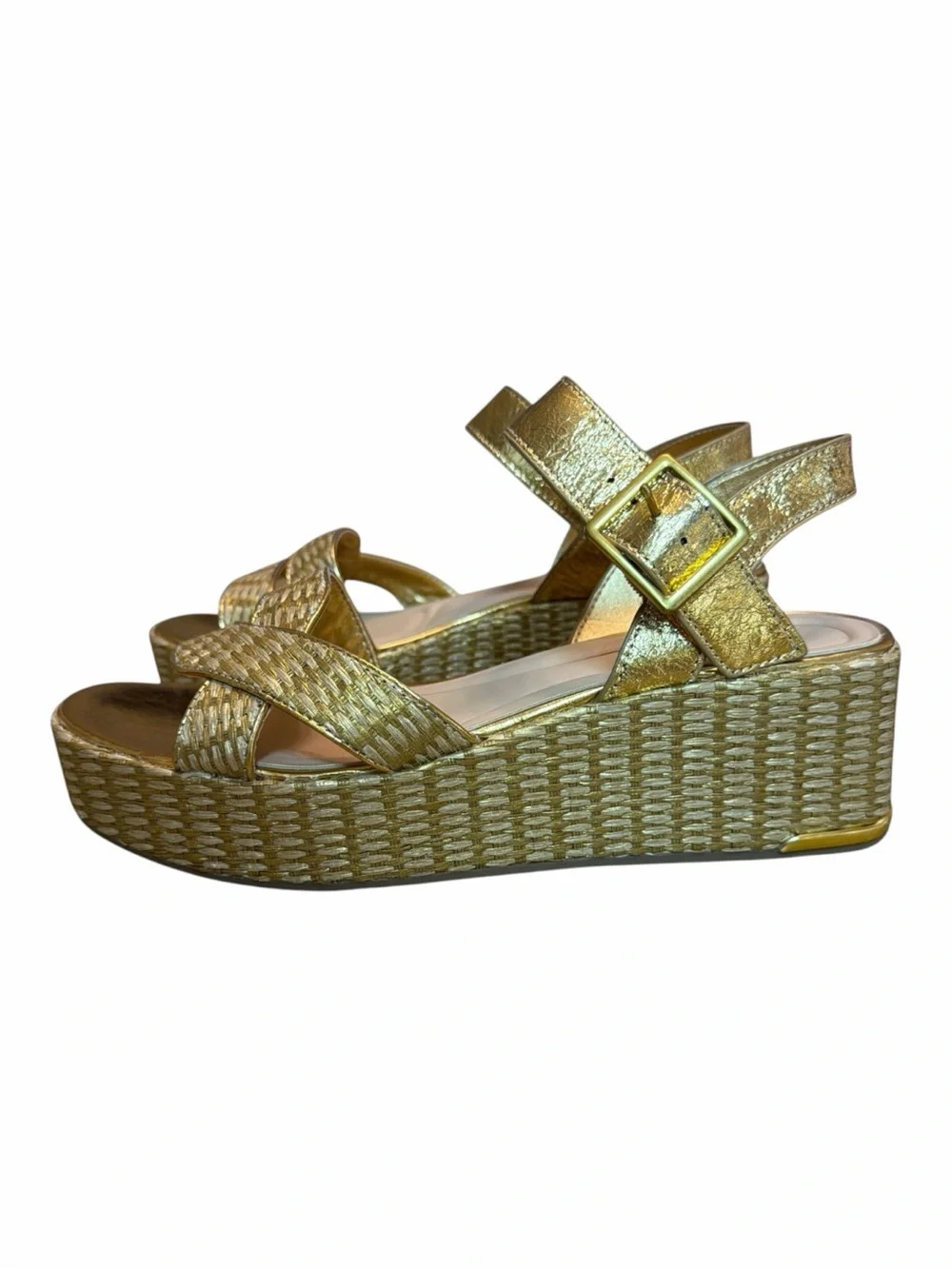 Franco Sarto Gold Metallic Wedge Sandals Raffia Platform Womens Size 9.5